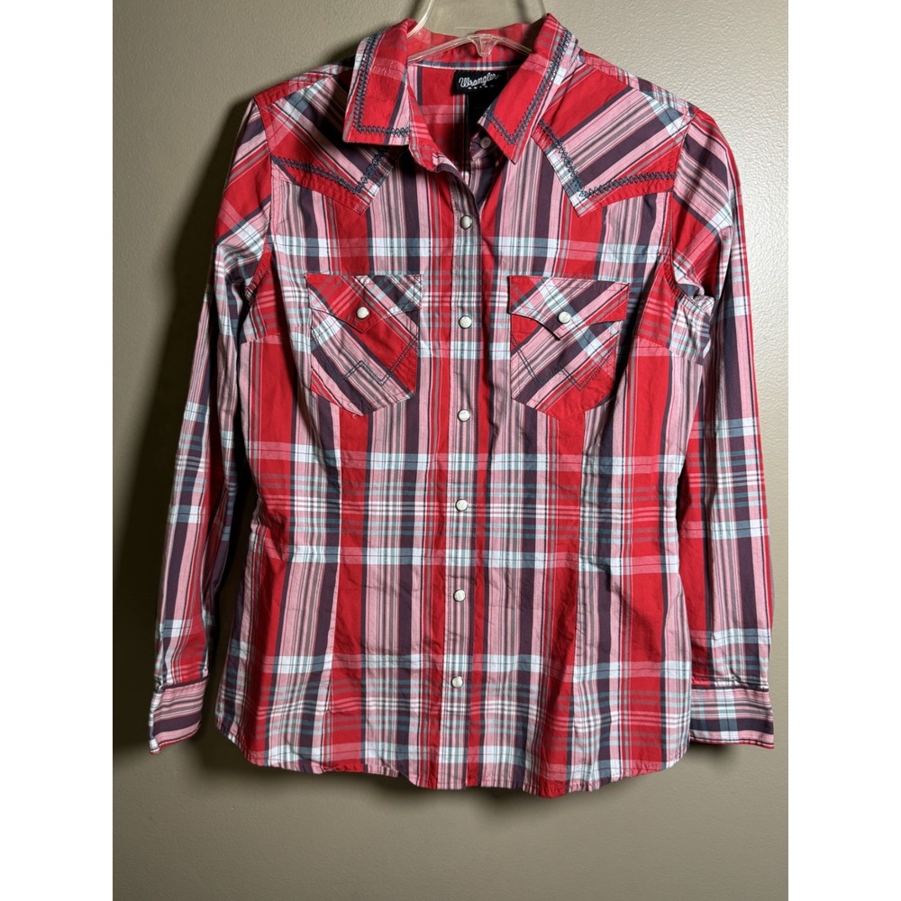 Women's WRANGLER Retro Pearl Snap Shirt Embroidered Western Red Plaid Size M